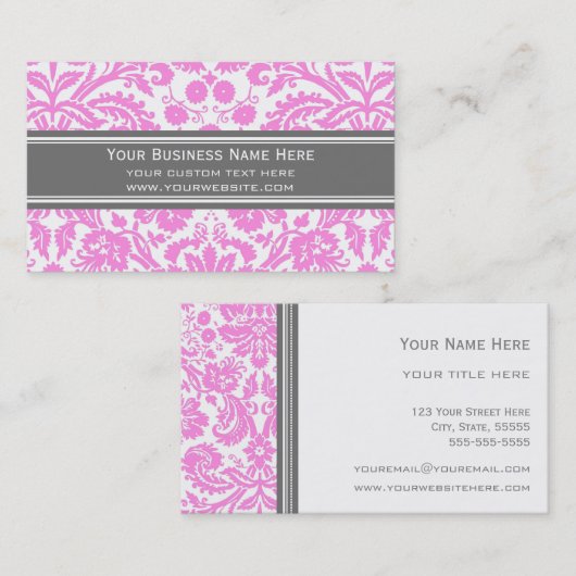 Roze grijze Damask Floral Visitekaartjes (Voorkant / Achterkant)