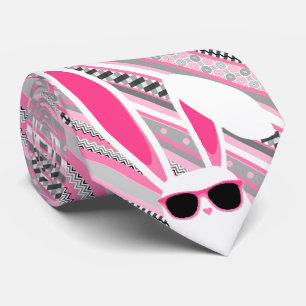 Roze, grijze en witte strepen met witte paashaas stropdas