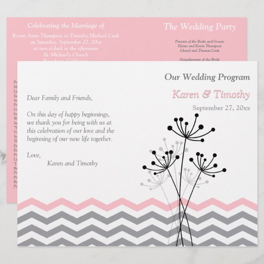 Roze, grijze Floral, Chevron Wedding Programme (Voorkant / Achterkant)