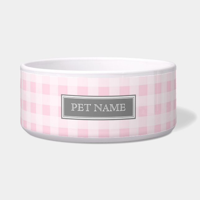 Roze grijze Gingham Aangepaste naam Dog Bowl Voerbakje (Voorkant)