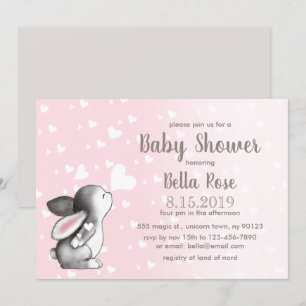 Roze grijze harten Bunny Baby Shower Invitaties Kaart
