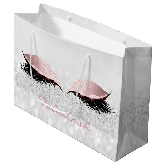 Roze grijze Lash Blush Makeup Glitter Name Monogra Groot Cadeauzakje (Voorkant Gekanteld)