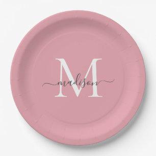Roze grijze monogram elegante script naam meisjesa papieren bordje