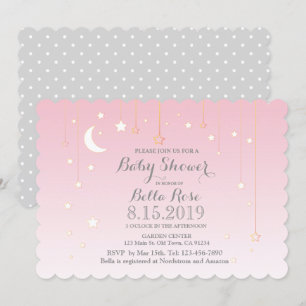 Roze grijze Moon Stars Girl Baby shower Invite Kaart