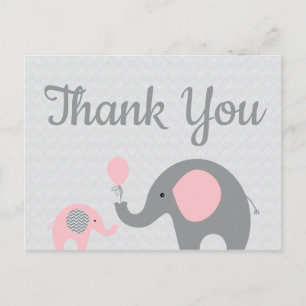 Roze grijze olifant Baby shower Dank u Briefkaart