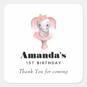 Roze & Grijze Olifant Ballerina Verjaardag Dank u Vierkante Sticker