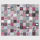 Roze & grijze patchwork harten cadeaupapier (Vlak)