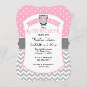 Roze Grijze Polka Dot Chevron Baby shower Uitnodig Kaart