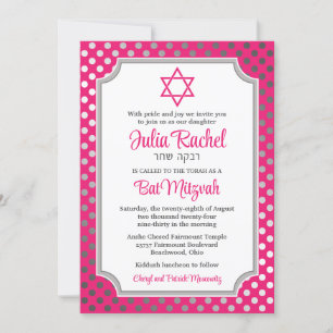 Roze, Grijze Polka Dots Bat Mitzvah Uitnodiging