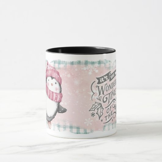 Roze grijze Snowflake Penguin Holiday Mok (Midden)