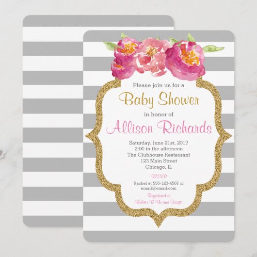 roze grijze strepen baby shower uitnodiging (Voorkant / Achterkant)