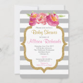 roze grijze strepen baby shower uitnodiging (Voorkant)