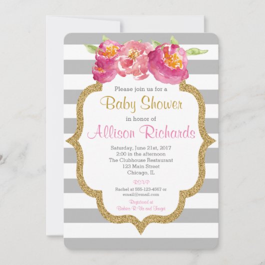 roze grijze strepen baby shower uitnodiging (Voorkant)