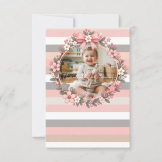 Roze Grijze Strepen Bloem Foto Baby Shower Bedankkaart