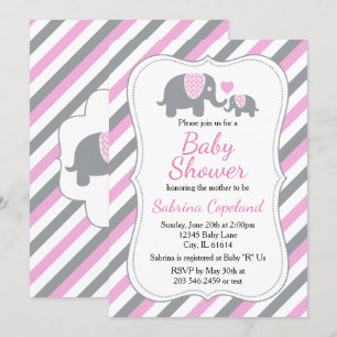 Roze & Grijze Strepen Olifant   BABY SHOWER Kaart