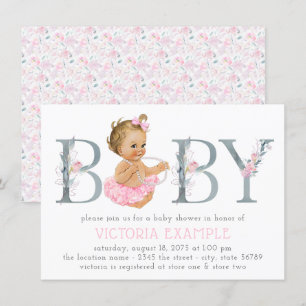 Roze grijze Tutu Paal Baby Girl Shower Invitations Kaart