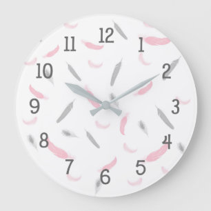 Roze grijze veren klok, kinderkamer grote klok