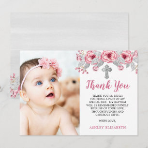 Roze   Grijze Waterverf Floral Foto Baptisme Bedankkaart
