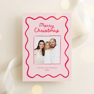 Roze grillige Doodle Wavy Lijst Kerstfoto Feestdagenkaart