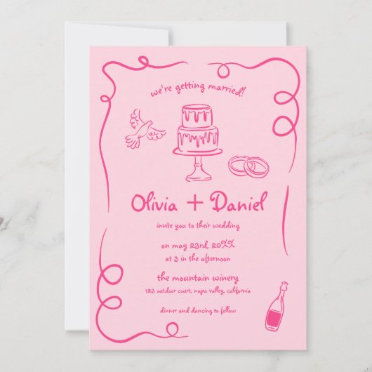 Roze grillige QR-code Hand getrokken foto bruiloft Kaart (Voorkant)