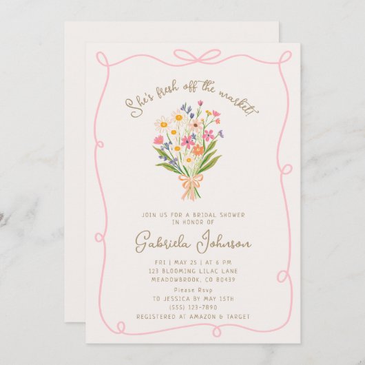 Roze grillige Wavy Lijst Bruids Douche Uitnodiging (Voorkant / Achterkant)