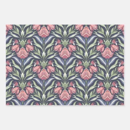 Roze Groen Blauw Art Nouveau Bloemencrème Groen Inpakpapier Vel (Voorkant 3)