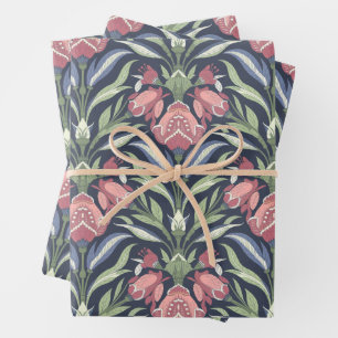 Roze Groen Blauw Art Nouveau Bloemencrème Groen Inpakpapier Vel