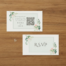 Roze groen Bloemen Huwelijk RSVP QR Code Informatiekaartje