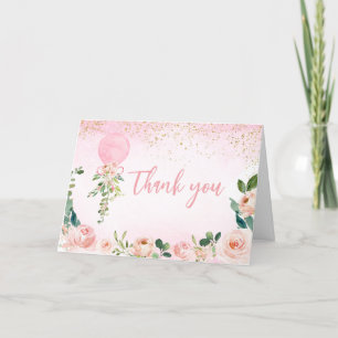 Roze groen Bloemenballon Baby shower Bedankkaart