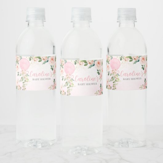 Roze groen Bloemenballon Baby shower Waterfles Etiket (Flessen)