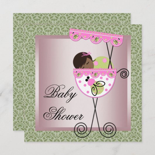Roze Groen Damask Baby Meisje Douche Uitnodigingen (Voorkant / Achterkant)