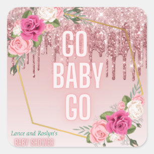 Roze Groen Elegant Glitter Drip Derby Baby shower Vierkante Sticker