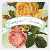 Roze Groen en Geel Bloemen Roos Bruiloft Seal Vierkante Sticker (Voorkant)