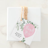 Roze groen eucalyptus ballon baby shower bedankjes labels (In situ)