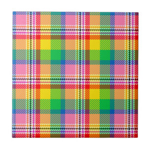 Roze groen geel Madras ruitontwerp Tegeltje