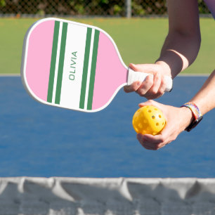 Roze & Groen Gestreept gepersonaliseerd retro cade Pickleball Paddle
