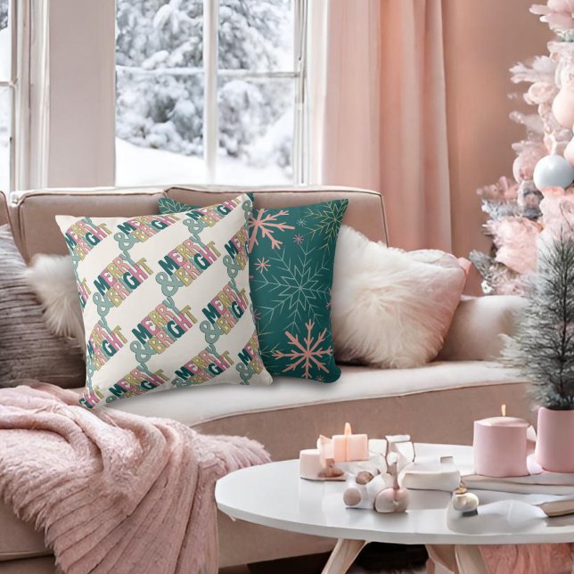 Roze Groen Goud Glitter Vrolijk & Heldere Sneeuwvl Kussen (Creator heeft geüpload)