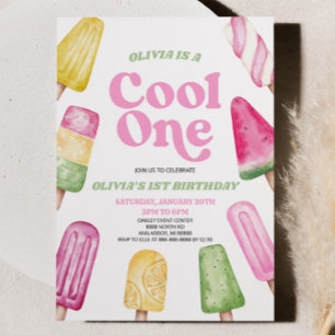 Roze Groen Koel Een Popsicle 1e Verjaardagsfeest Kaart