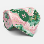 Roze & Groen Marmered Monogram Stropdas (Opgerold)
