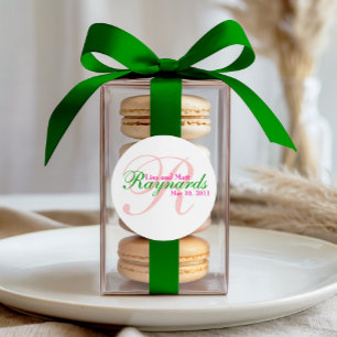 Roze Groen Monogram Bruiloft Ronde Sticker