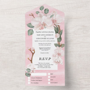 Roze groen oerwoud orchidee waterverf bruiloft all in one uitnodiging