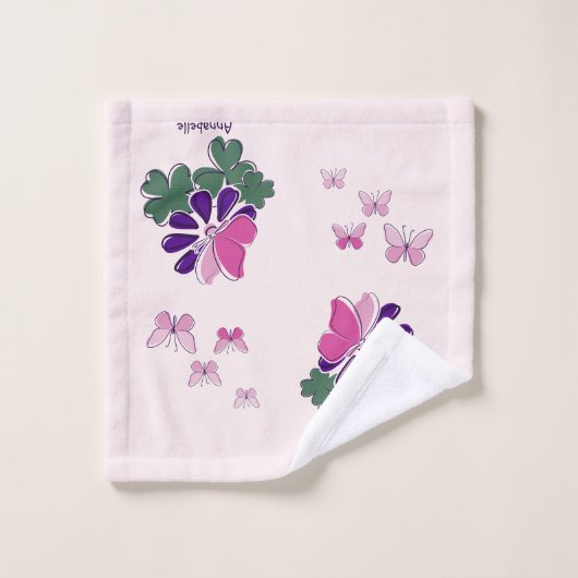 Roze Groen Paars Bloem Vlinder Doodle Naam Bad Handdoek (Wasdoekje)