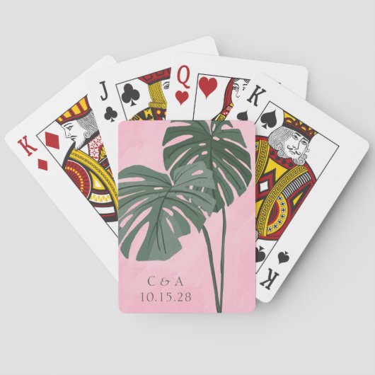 Roze Groen Palmblad Gepersonaliseerde Bruiloft Ini Pokerkaarten (Achterkant)