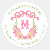 Roze & Groen Pickleball Monogram Crest Adres Ronde Sticker (Voorkant)