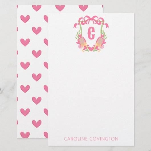 Roze & Groen Pickleball Paddle Monogram Crest Briefpapier (Voorkant / Achterkant)