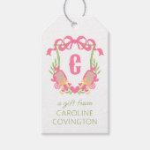 Roze & Groen Pickleball Paddle Monogram Crest Cadeaulabel (Voorkant)