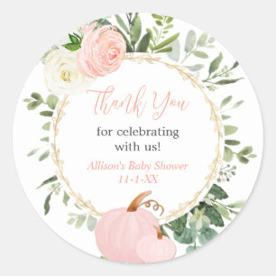 Roze groen pompoenen elegante herfst baby shower ronde sticker