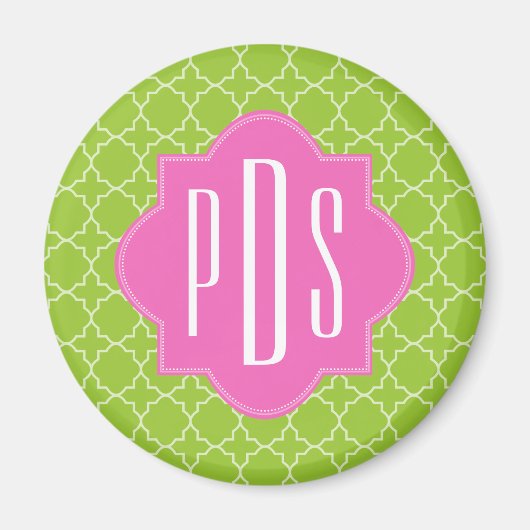 Roze + Groen Quatrefoil Monogram Magneet (Voorkant)
