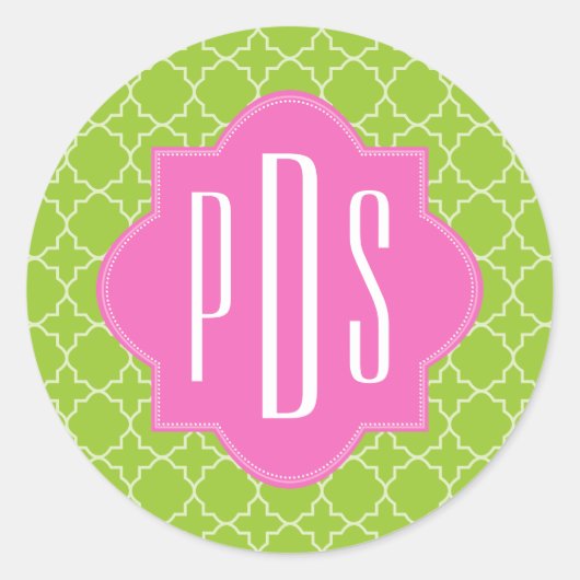 Roze + Groen Quatrefoil Monogram Ronde Sticker (Voorkant)