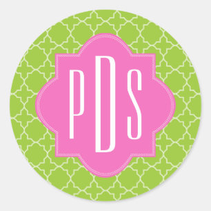 Roze + Groen Quatrefoil Monogram Ronde Sticker